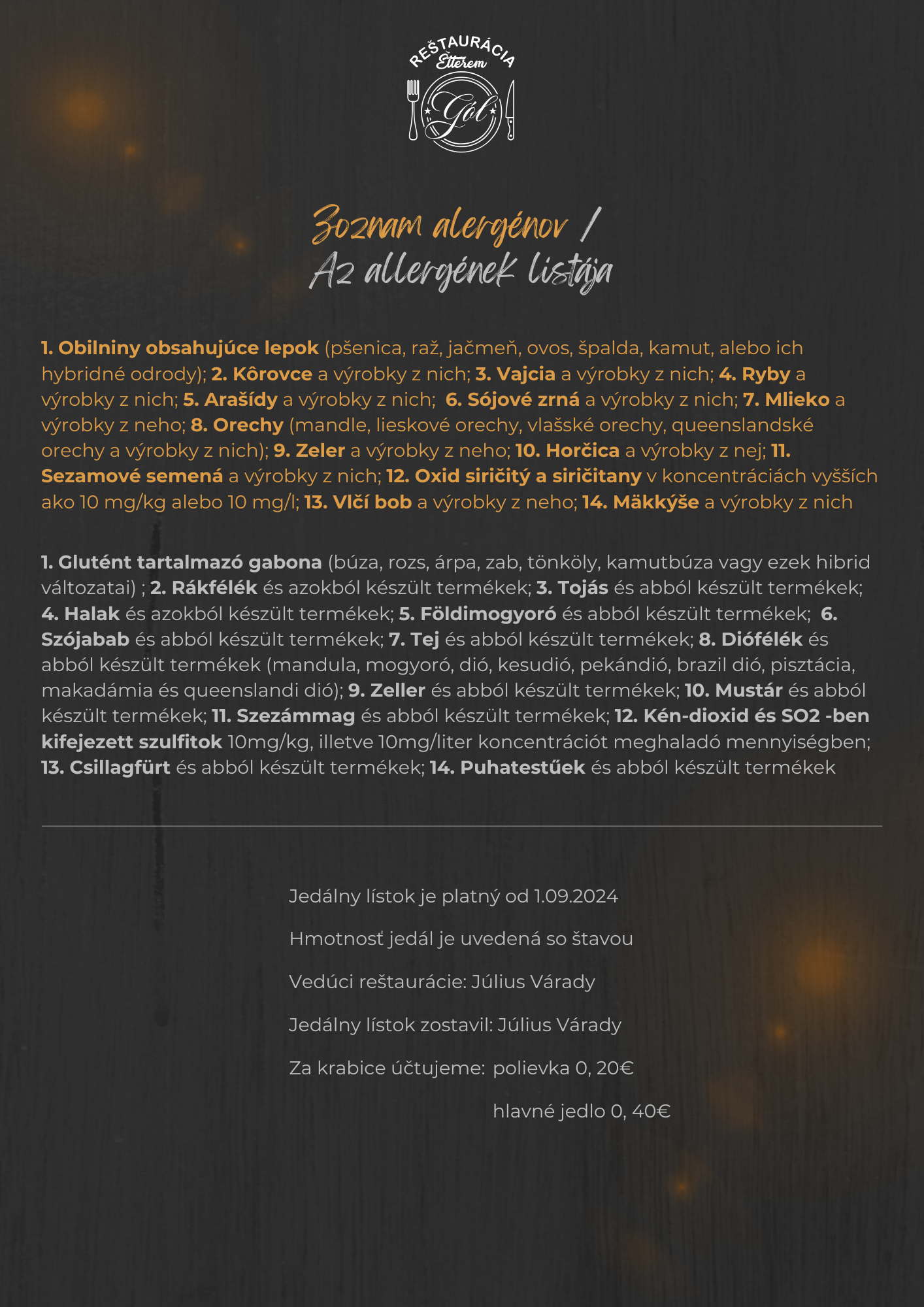 Stránka jedálneho lístku zobrazujúca zoznam alergénov a dodatočné informácie
