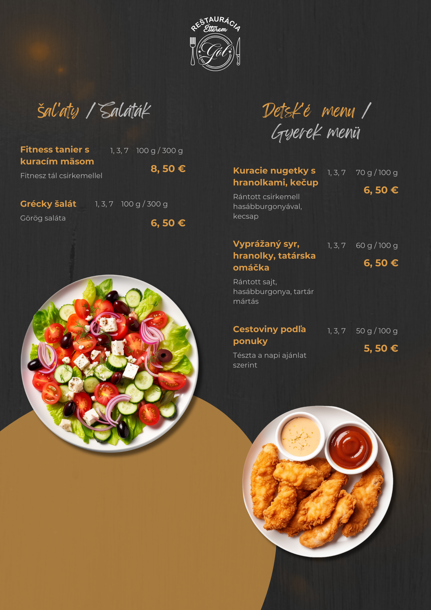 Stránka jedálneho lístku zobrazujúca ponuku šalátov a detského menu